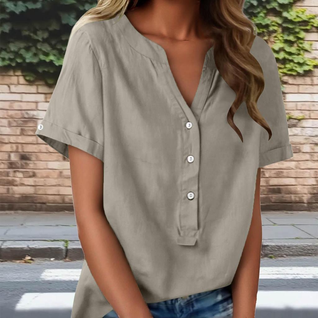 Fashionable Women's Linen V-neck Button Up Half Open Design, Fashionable Short Sleeved Shirt Color Top