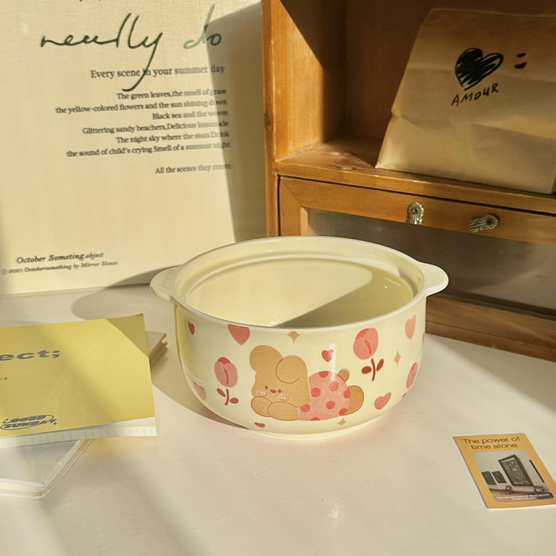 

ins wind cute binaural instant noodle bowl with lid household new noodle bowl cream wind ceramic snail powder bowl no specifications