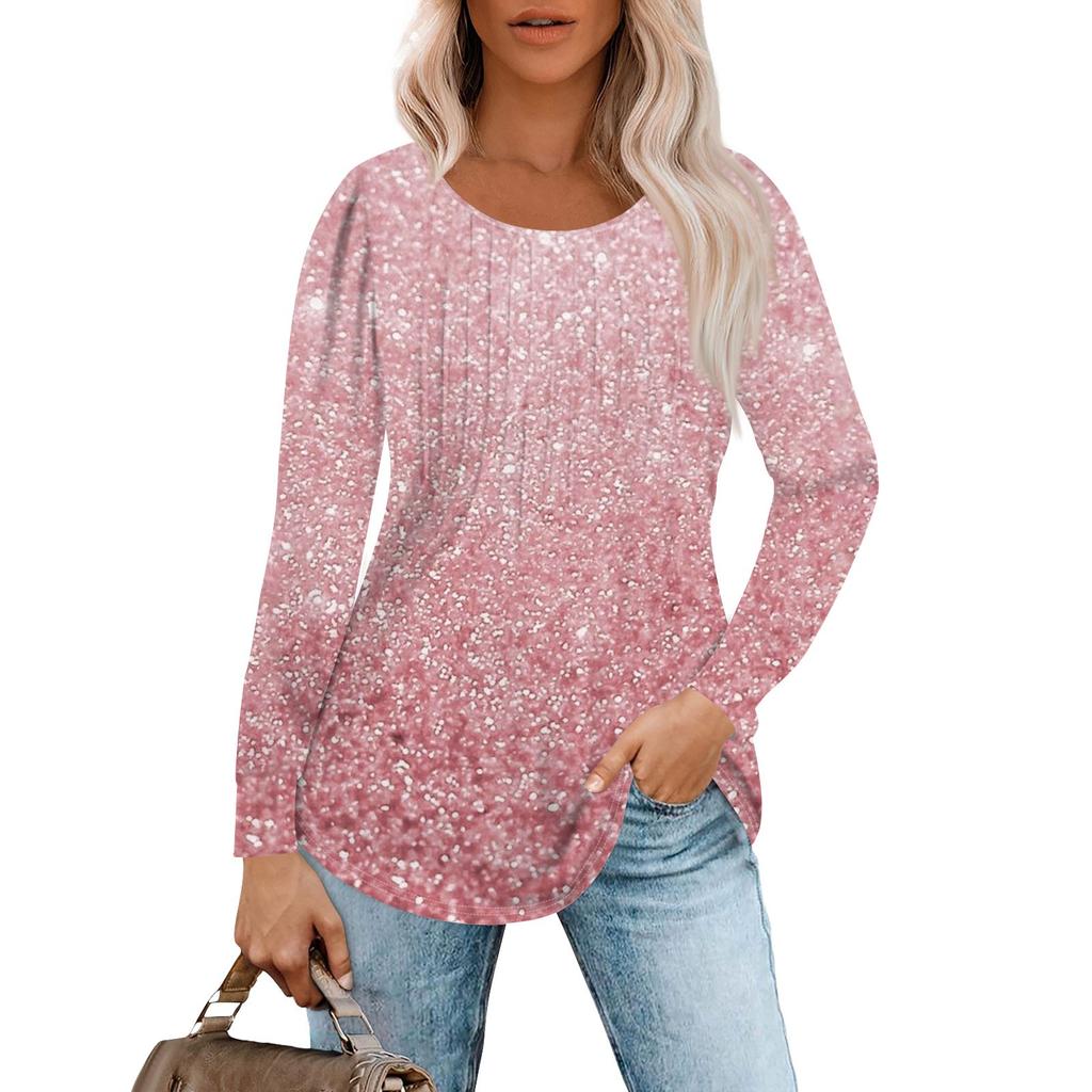 Langarmshirts für Damen, Oberteile, elegante, lässige Blusen, plissierte Tunika-Oberteile mit Rundhalsausschnitt