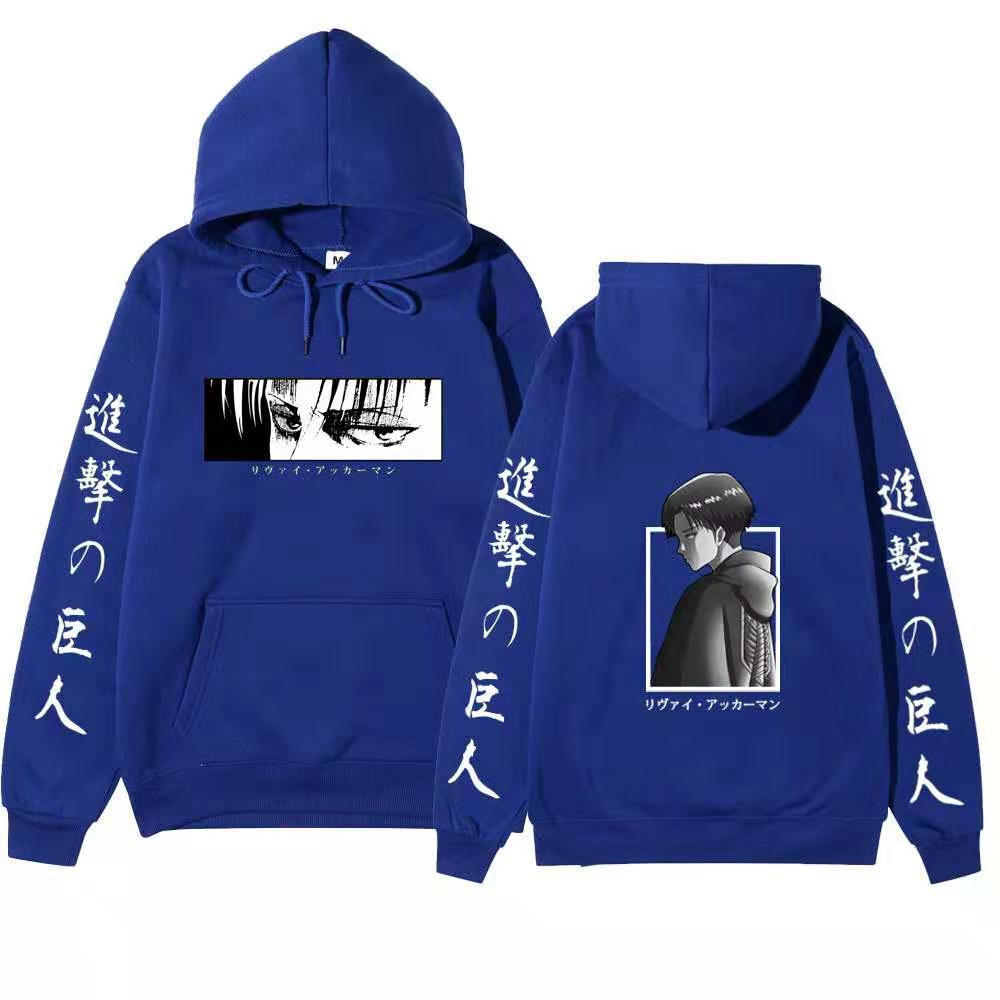 Attack On Titan Levi Ackerman Hoodie Unisex Fleece Sweatshirt Front Manga Eyes Print, Back Levi Portrait, Japanese Sleeve Text Autumn Winter Pullover