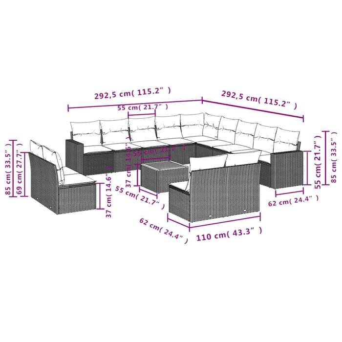 VidaXL Salon de Jardin avec Coussins 14 pcs, Canapés de Patio, Ensemble de Meubles, Mobilier de Terrasse Exterieur, Gris 3256712