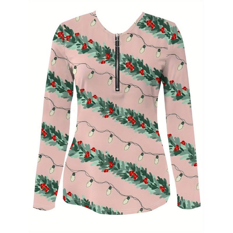 Christmas Pattern Zipper T-shirt, Casual Long-sleeved Top, Suitable for Spring and Autumn, Suitable for Home and Outdoor Wear
