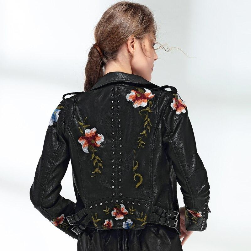 Women Floral Print Embroidery Faux Soft Leather Jacket Coat Turn-down Collar Casual Pu Motorcycle Black Punk Outerwear