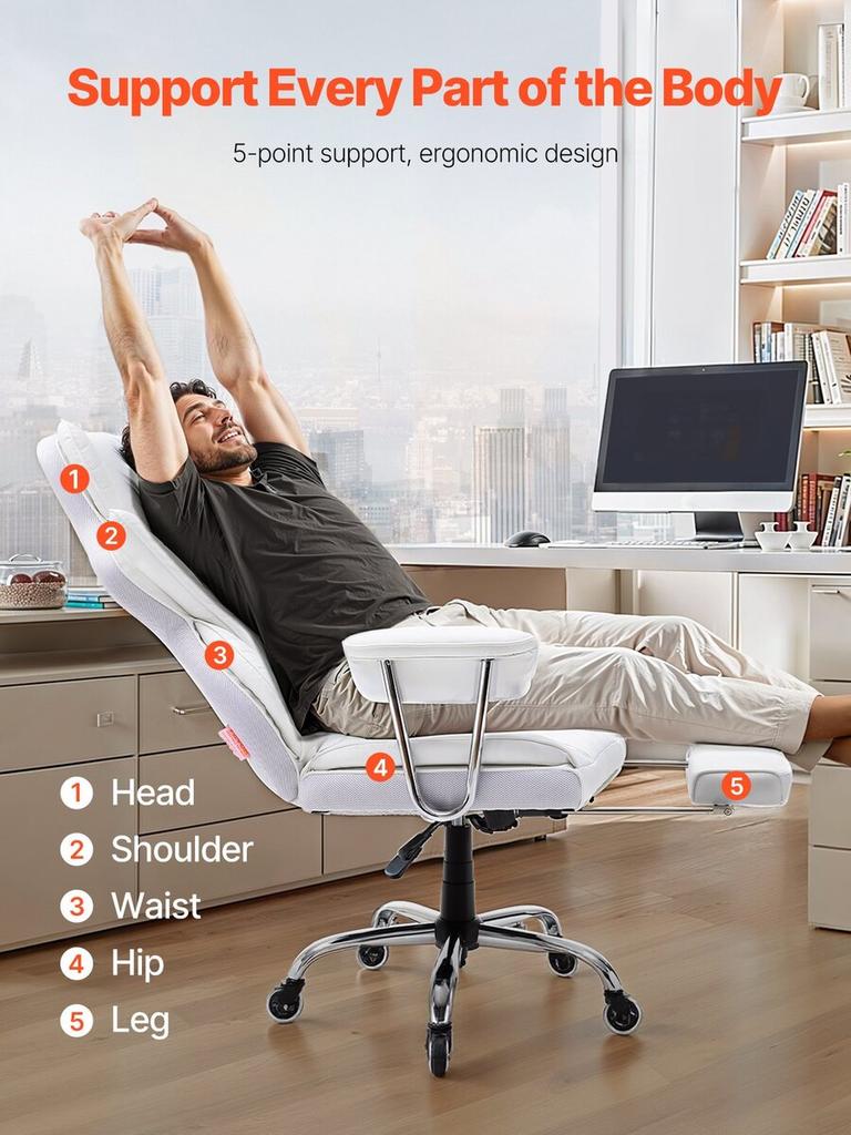 Reclining Office Chair with Footrest, Heavy Duty PU Leather Wide Office Chair, Big and Tall Executive Office Chairs with Lumbar Support, Strong Metal