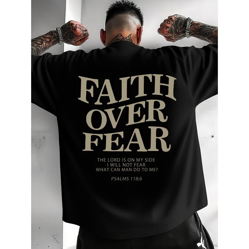 This T Shirt Features a Layered Typography Design with FAITH OVER FEAR in Bold Earthy Tones Against- Men Summer Short-Sleeved Printed T-Shirt S чёрный