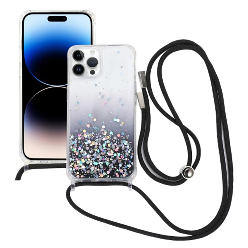 

Glitter Gradient Epoxy Anti-Drop TPU Case for iPhone 15 Pro Protective Phone Cover with Slim Lanyard Black