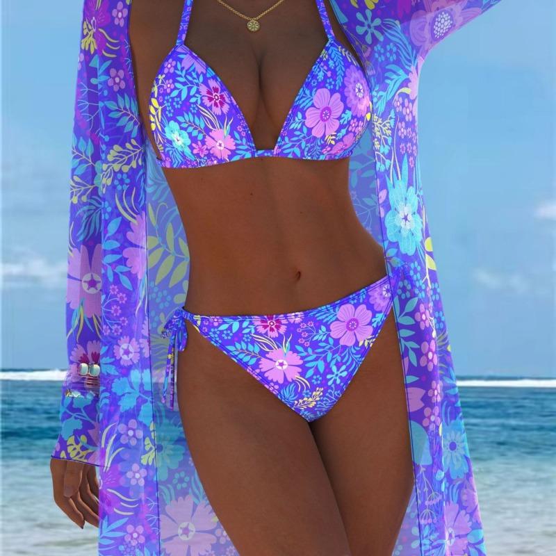 Three-piece Swimsuit with Sunscreen Cover, Trendy Beach Swimsuit Three-piece Set