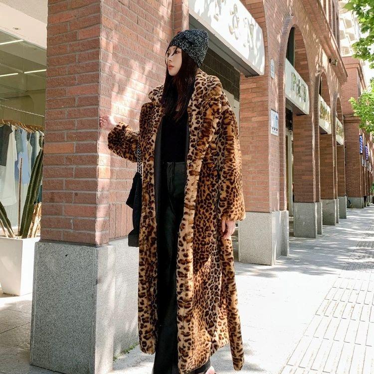 Fur leopard print extended loose suit collar fur jacket imitation rabbit fur knee coat lapel collar women