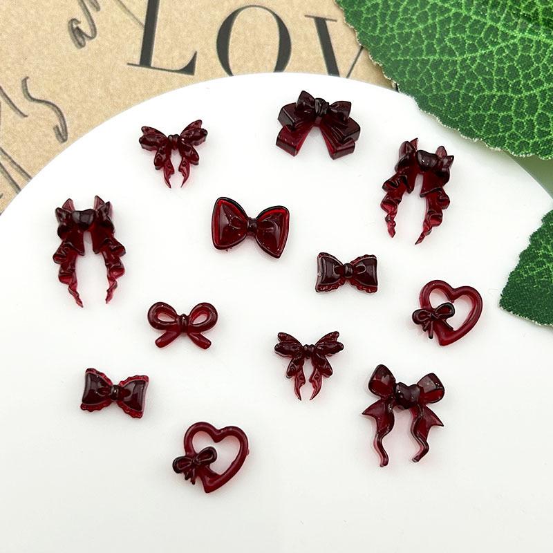20Pcs Wine Red Resin Bow Nail Charm Bulk Mix Size 3D Ribbon Bowkont Mini Kawaii Nail Art Accessories Diy Cute Nails Decorations