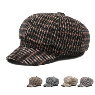 Vintage Men Octagonal Cap Women's Autumn Winter Warm Plaid Artwork Cap Beret