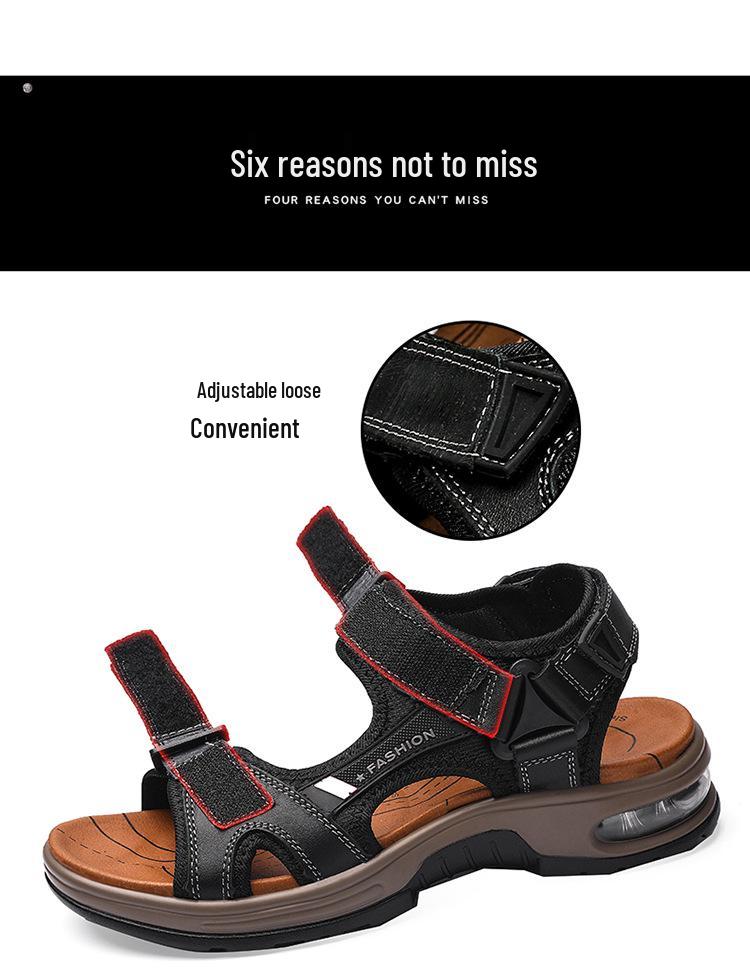 Men's Casual Genuine Leather Open-Toe Beach Sandals with Air Cushion - Lightweight and Plus Size for Outdoor Activities.