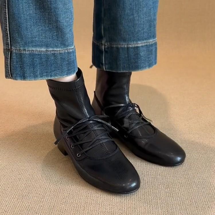 Blue Cabinet Edition~ Autumn and Winter Skinny Lace-Up Mary Jane Short Boots Women's Niche Retro Flat Bottom Back Zipper Elastic Skinny Boots