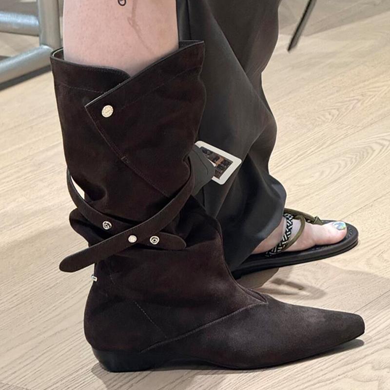 Spitze Damenstiefel Flach Designer Wildleder Gotische Schuhe Trend Winter Chelsea Boots Neue Gehen Kleid Trend Mujer Botas
