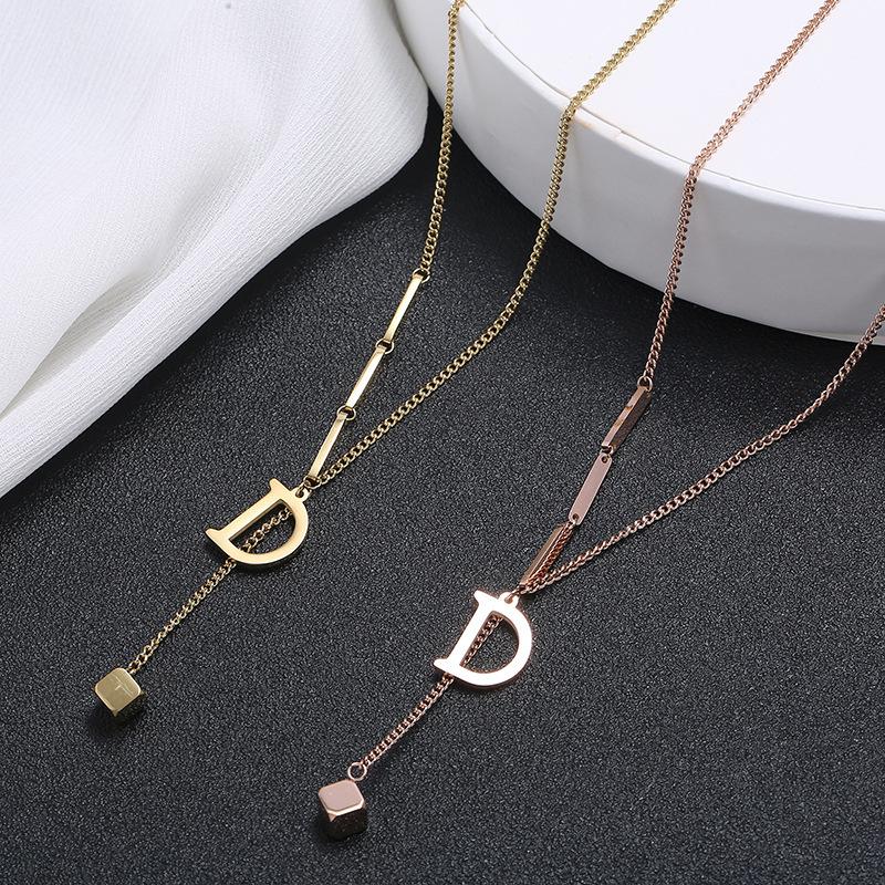 316L Stainless Steel Fashion Fine  Elegant Noble Letter D Sexy Cube Tassel Charms Chain Choker Necklace Pendant For Women
