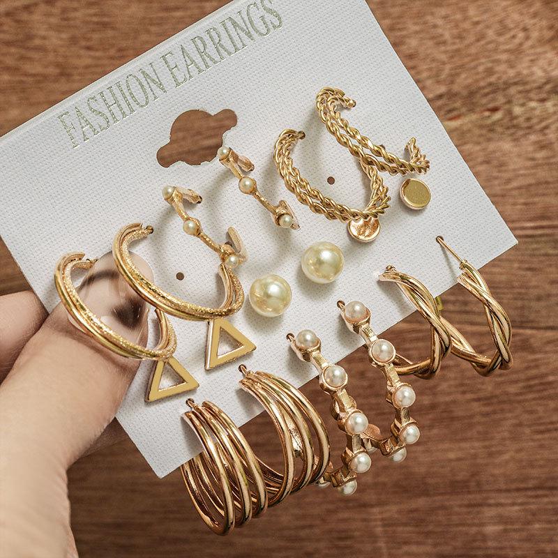 European & American Geometric C-Shaped Hoop Earrings: 6-Piece Gold & Pearl Wire-Wrapped Set for Women