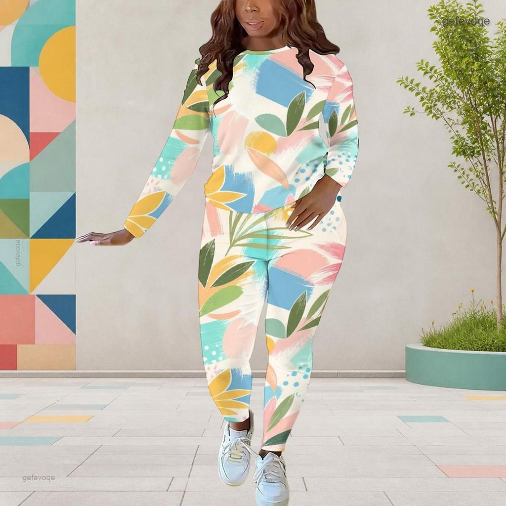 Women Plus Size Black Burgundy Printed Two Piece Set Round Neck Long Sleeve Top And Fitted Pants