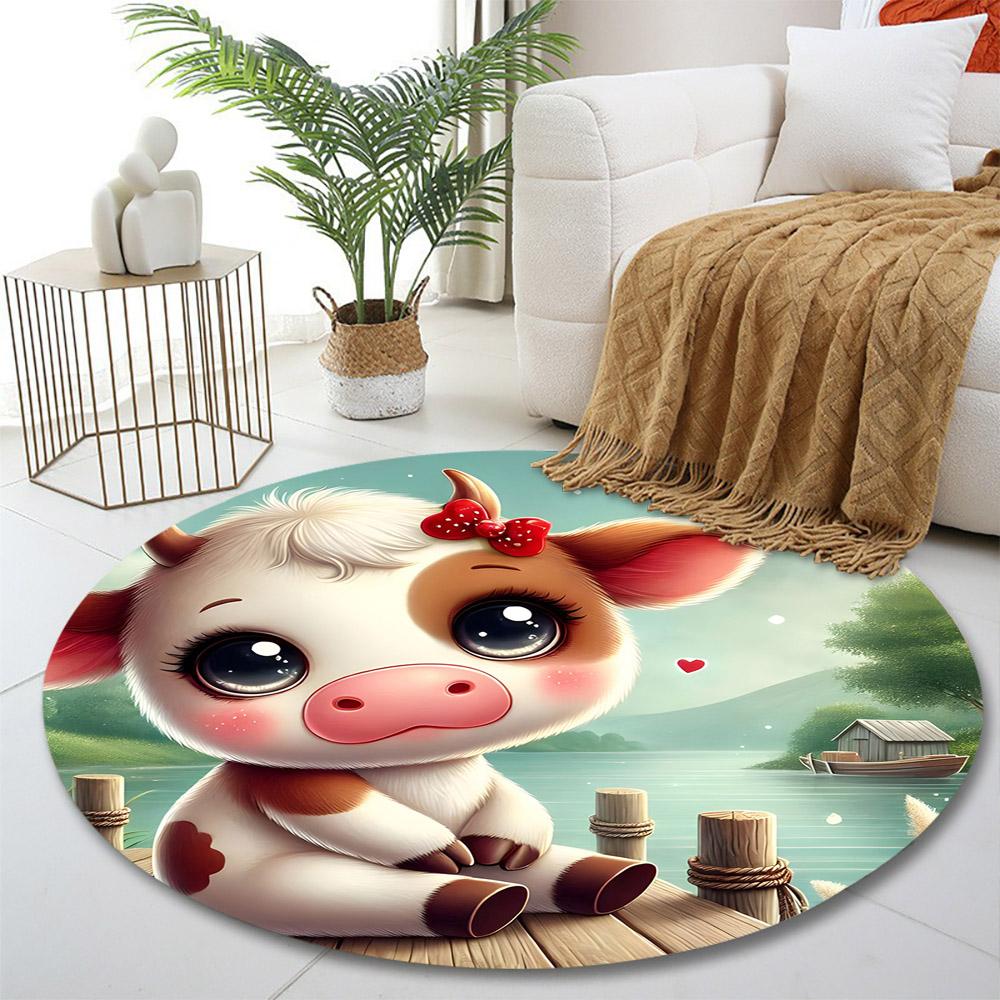Cute Cow by the Lake Print round rug, living room, bedroom, playroom carpet, non slip floor mat, gift