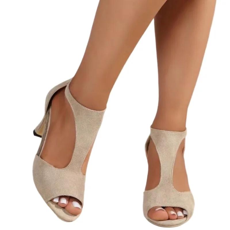 Fashion 2024 New Women's Shoes High Quality Solid Color Women's Sandals Summer Fashion Open Toe One-line Buckle Women's High Heels