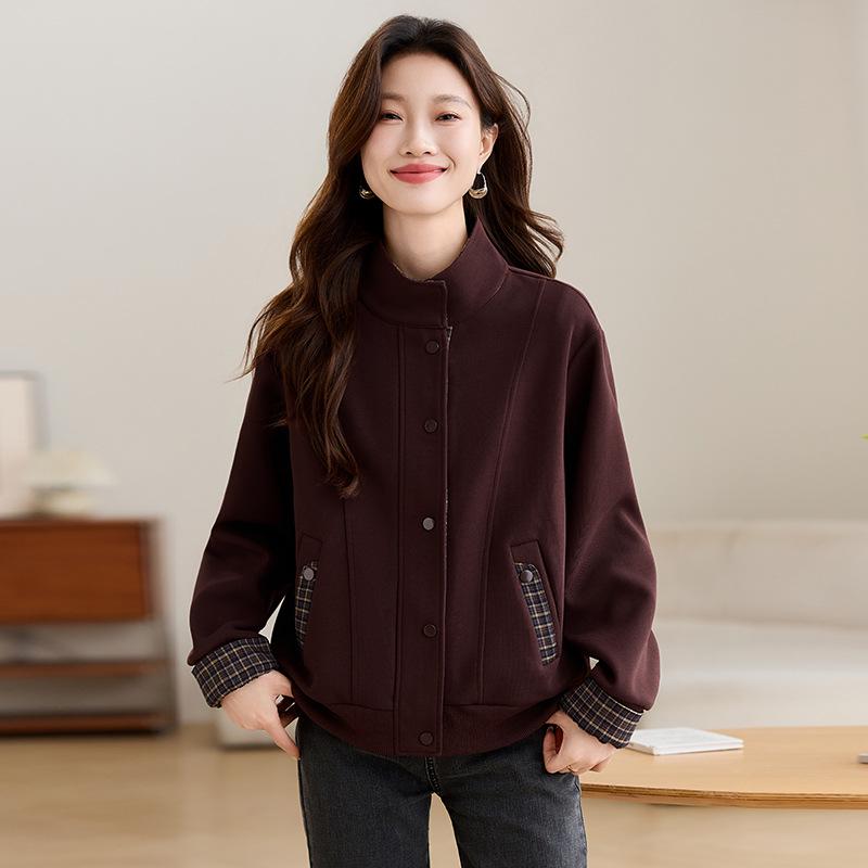 Damen 2025 Kariertes Patchwork Stehkragen Frühlingsjacke - Vielseitiges Lässiges Mode Sweatshirt Oberteil