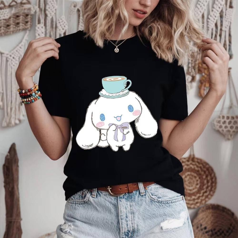 2026 Summer Cinnamoroll Coffee Time Print Casual Cotton T Shirt for Women Soft Comfortable Summer Top S