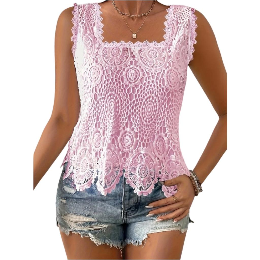 Women’s Sleeveless Lace Crochet Tank Top Square Neck Floral Hollow Out Blouse Scalloped Hem Casual Summer Shirt