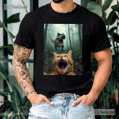 Selfie del Gatto con Maglietta T-Rex, Divertente Maglietta Dinosauro e Gatto per Uomo Donna