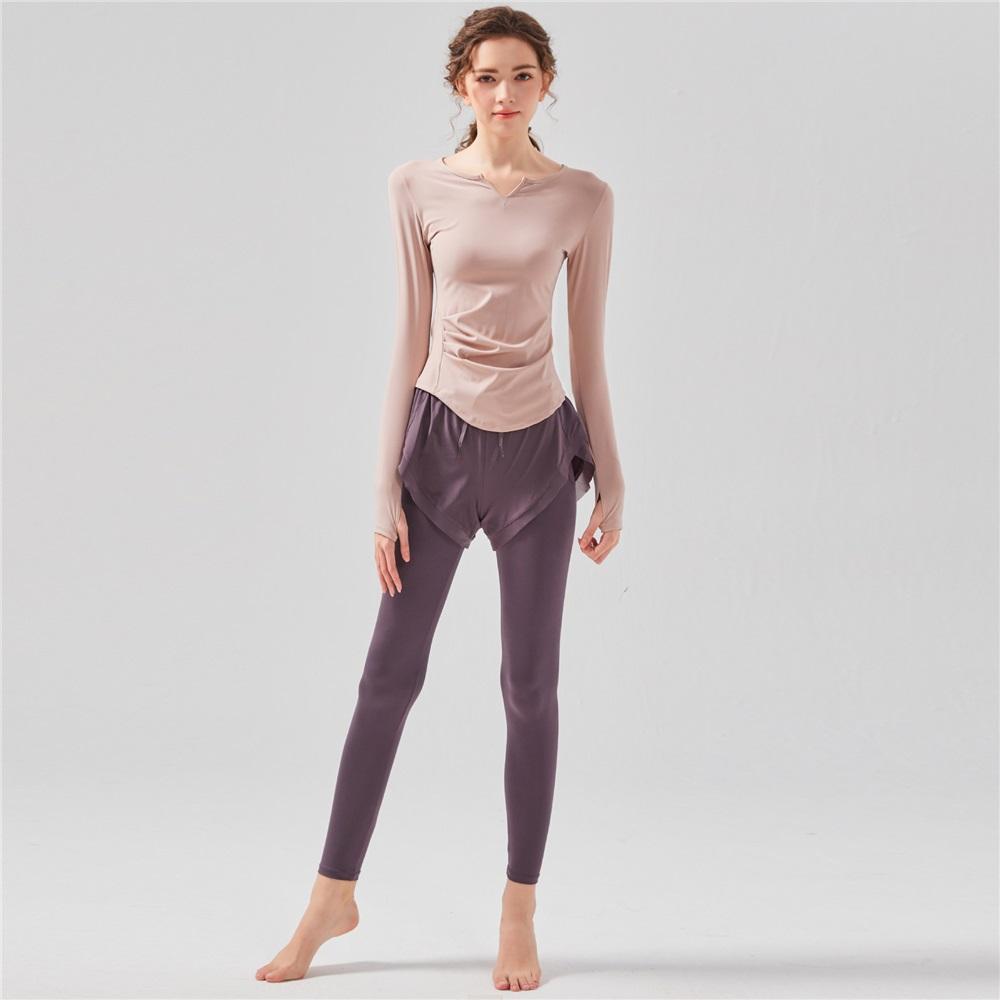 New Style Sports Suit, Casual Running Fitness Sports Tight Pants, Nude Quick-dry Fake Two-piece Long-sleeved Suit For Women