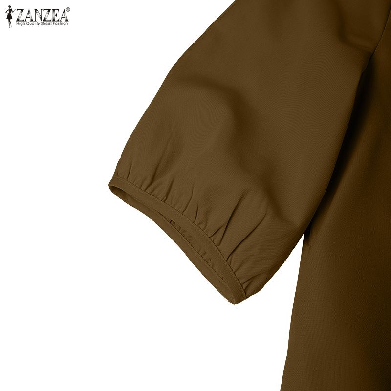 ZANZEA Women Casual V-Neck Six Quarter Sleeve Loose Midi Dress