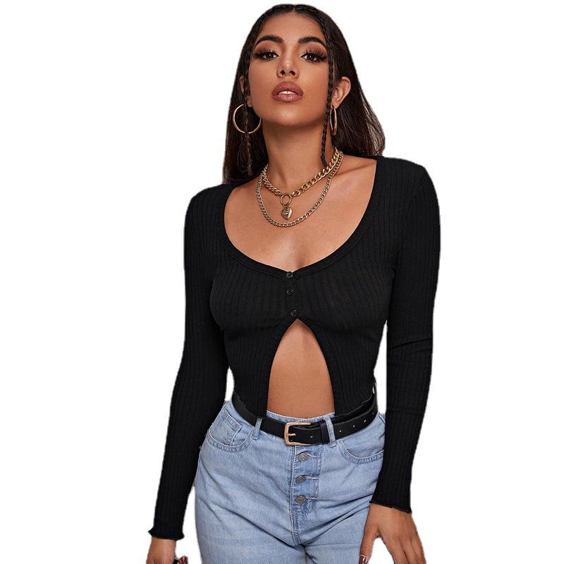 Spring and Summer New Long-sleeved Open-button Cardigan Top, Sexy Button-knitted T-shirt