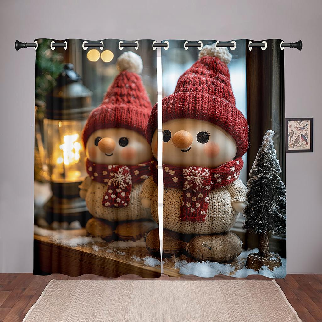 2 Pcs Cute Christmas Snowman Pattern Curtains Red Warm Atmosphere Holiday Decor Living Room Bedroom Kitchen Window Decor