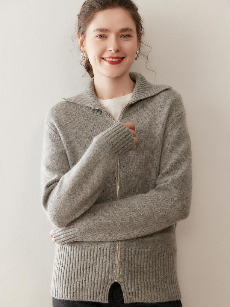 Women's Heavyweight Cashmere Dotted Knit Cardigan - High Neck, Long Sleeve, Zipper, Warm, Loose, Comfortable