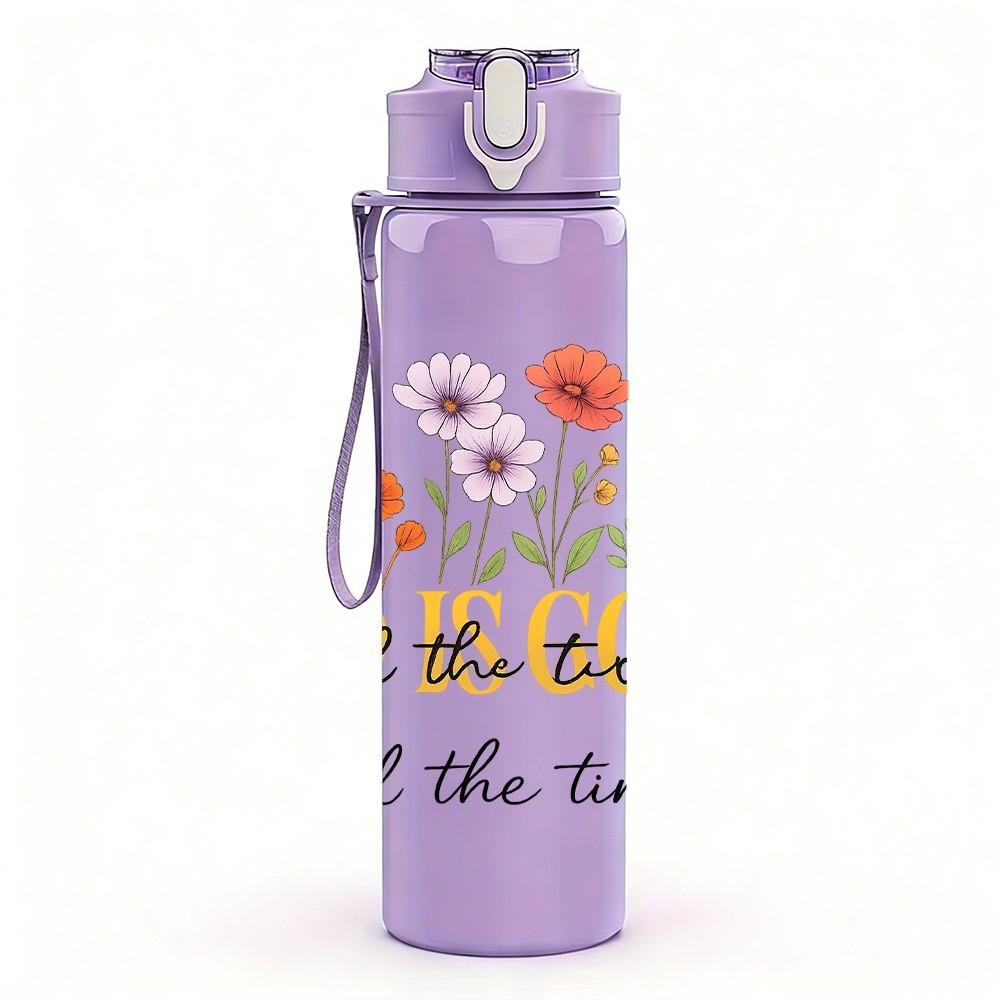 1PC God Is Good All The Time Floral Letter 750ml Color Plastic Sports Water Bottle Leakproof Flip Straw Lid Suitable for Sports Office Home Use