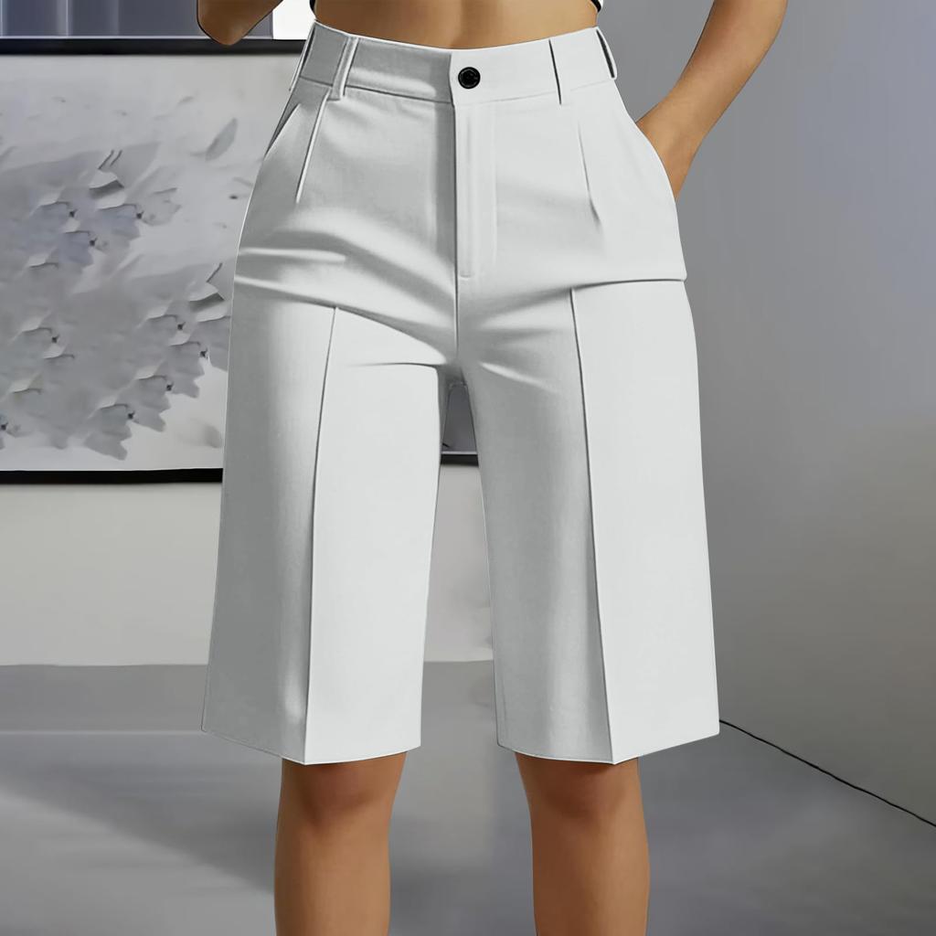 High Waist Straight Leg Bermuda Shorts for Women Casual Tailored Office Style Five Inch Length with Belt Loops and Front Pleats
