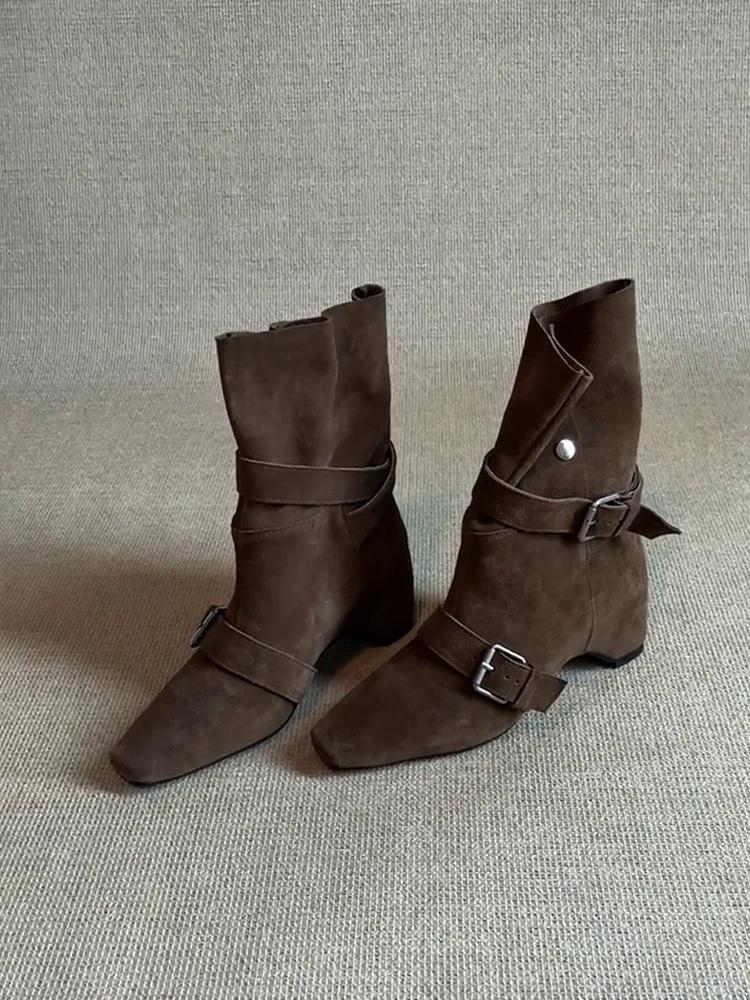 Cowhide Version~ Retro Niche Temperament Square Head Inner Height Increase Belt Buckle Western Cowboy Boots Women Fold Two Wear Short Boots