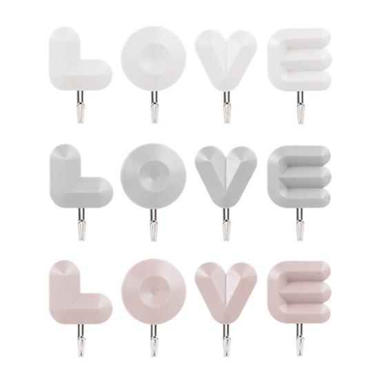 4Pcs/Set Letter Wall Decor Hooks Wall Mounted Love Hooks Waterproof Adhesive Bathroom Hooks for Entrance Bedroom Living Room