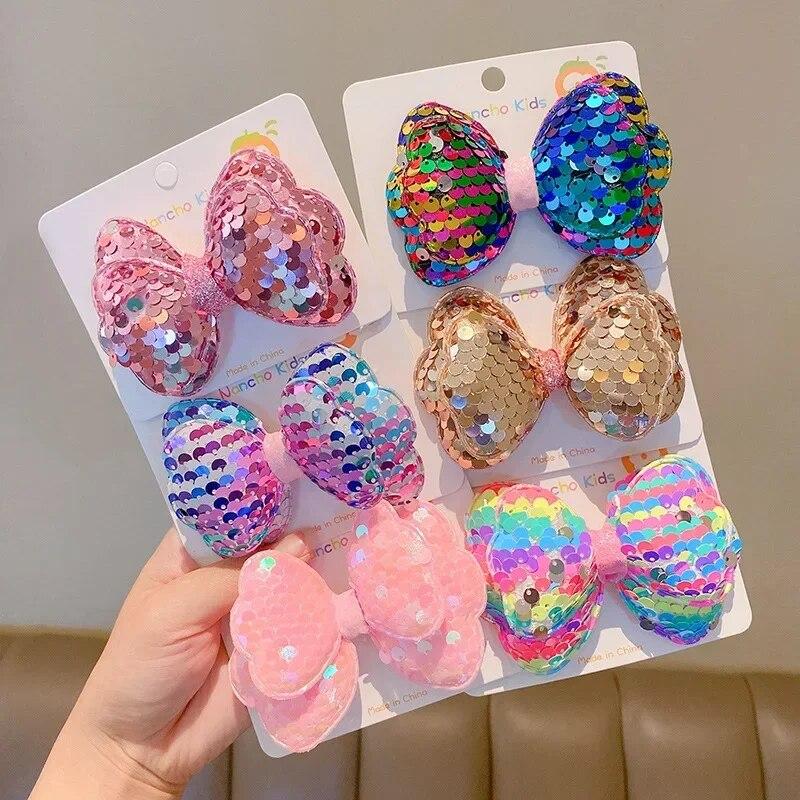 1pc Laser Sequins Bow Hair Clips Girls Children Headdress Bangs Side Duckbill Clip Sweet Cute Hair Styling Accessories Hairbands