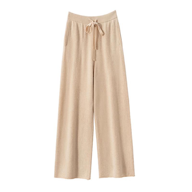 Women's High Waist Wide Leg Cashmere Pants - Floor-Length, Elastic Waist, Urban Fall/Winter Style