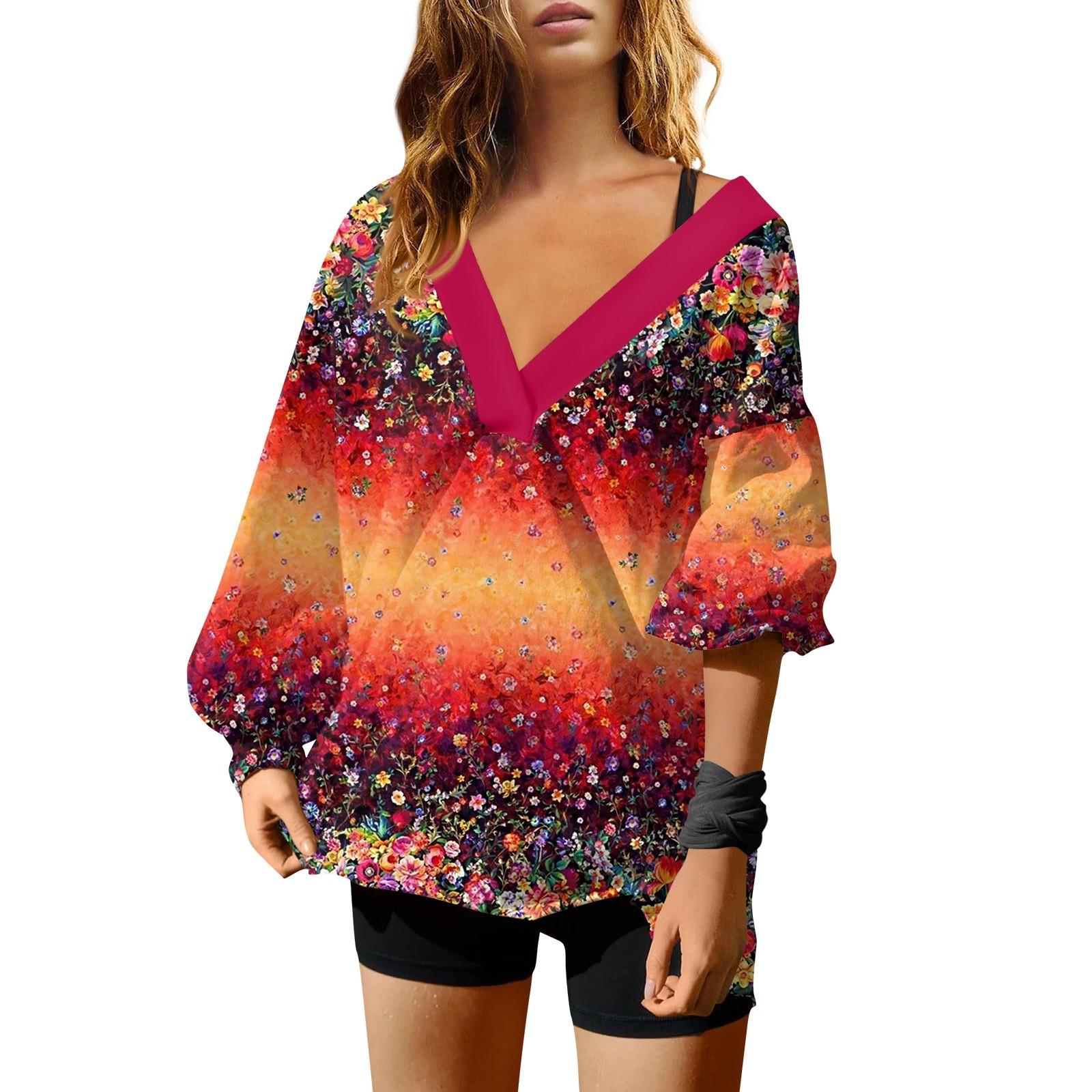 Женская мода V-образный вырез длинный рукав принтованный свободный пуловер свитшот топ XL — фото 10