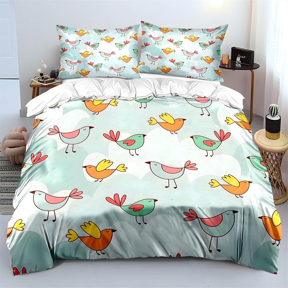 Cartoon Birds Colorful Background Print Bedding Set 1 Duvet Cover 2 Pillowcases For Adult And Children Luxury Gift Full Size