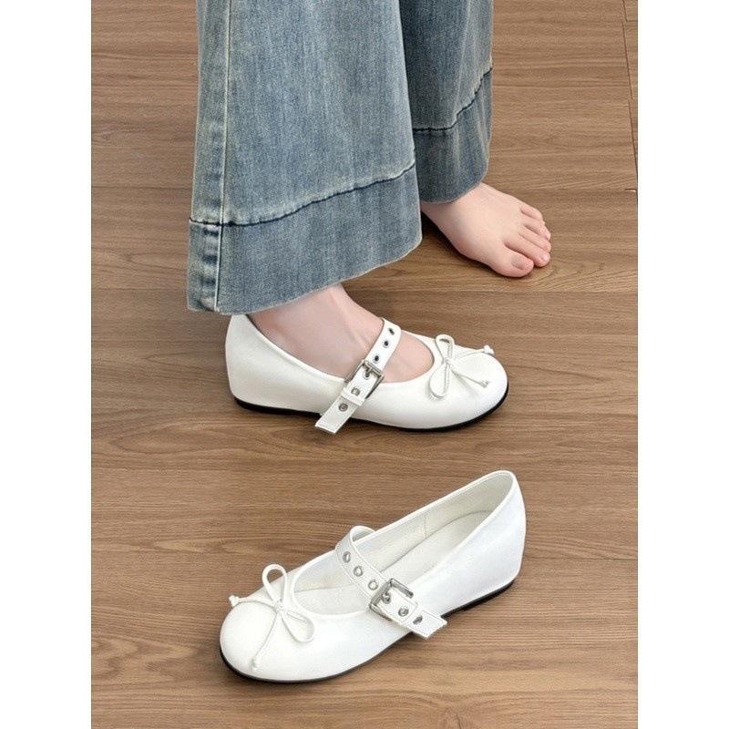 Retro bow inner height increase shallow mouth ballet single shoes women's one-word buckle with Mary Jane shoes