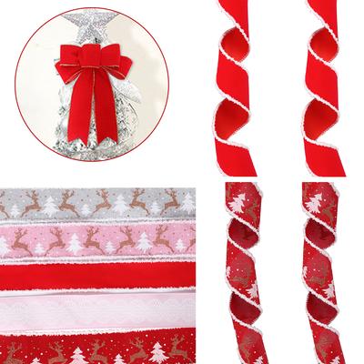 2M Gift Wrapping Wired Edge Elk Print Fabric Swirl Ribbon Bow Christmas Classic Christmas Tree
