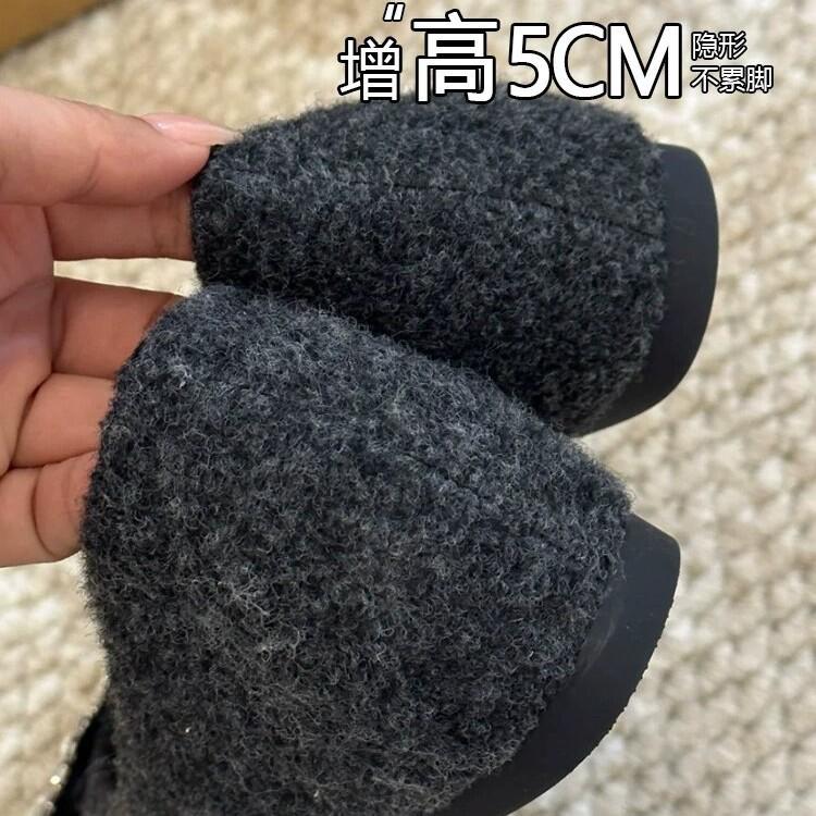 Invisible height increase of 5 cm Korean niche fairy shallow mouth rhinestone woolen single shoes femininity winter wear woolen shoes