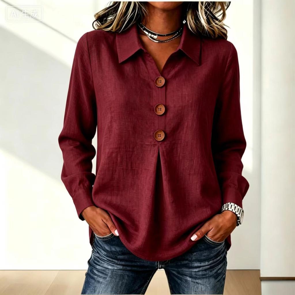 Camisa Blusa Casual Suelta de Manga Larga con Botones de Color y Cuello Camisero