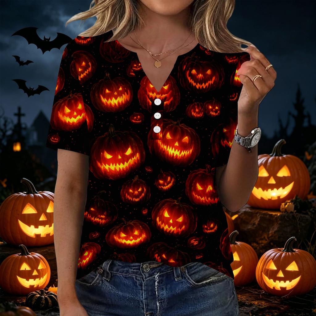 Womens Halloween Print V Neck Short Sleeve T Shirt Button Detail Casual Loose Fit Top for Everyday Wear