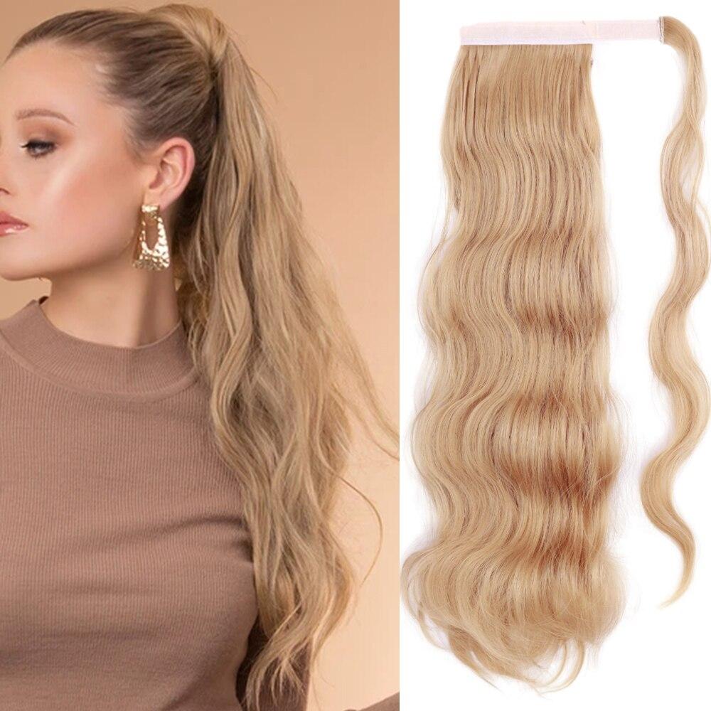 XINRAN Langer, gewellter Pferdeschwanz zum Umwickeln, synthetischer Pferdeschwanz, Clip-in-Haarteil, schwarz-blond, burgunderfarbener Wellen-Pferdeschwanz für Frauen