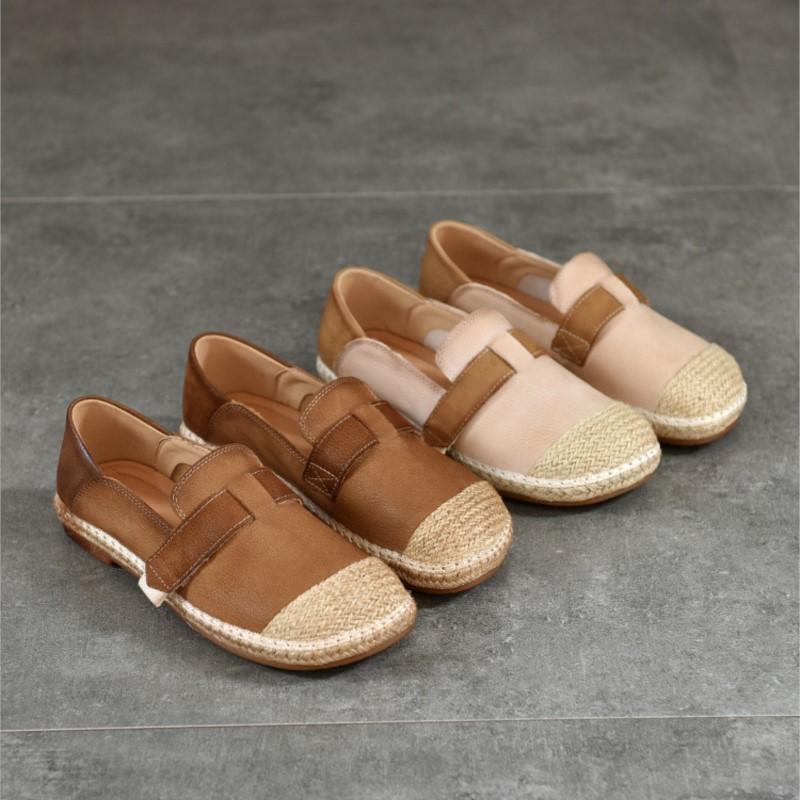 Johnature Retro Loafers Genuine Leather Mixed Color Women's Shoes Casual Versatile Flat Shoes