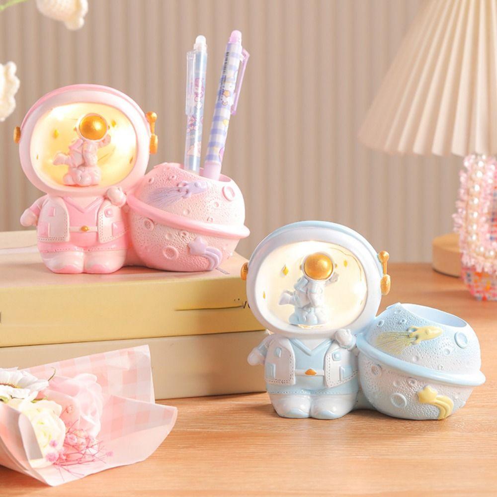 Decorative Astronaut Pen Holder Cartoon Makeup Brush Holder LED Night Light  Office