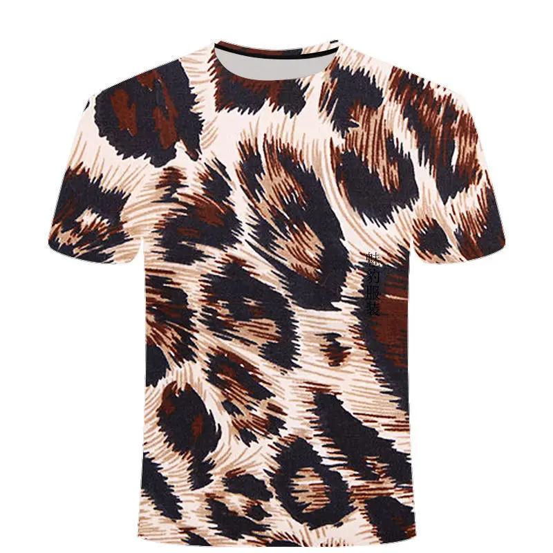 Leopard Printing T-shirt Contrasting Stripes Fleck O-neck T Shirt For Men And Women's Summer Fashion Comfortable Top