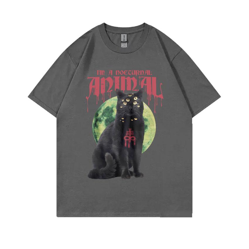 Satanic Cat Funny Meme Tshirt Vintage Demon Black Cat Graphic TShirts Unisex Women Casual Cotton Oversized Short Sleeve T Shirts