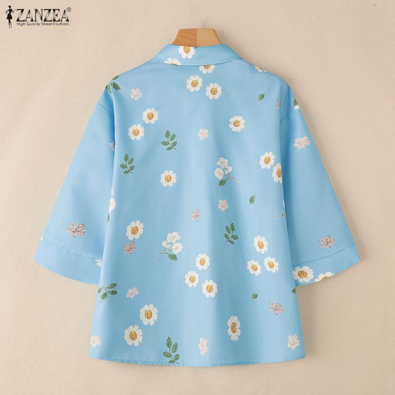 ZANZEA Women Turn Down Collar Casual 3/4 Sleeve Loose Floral Print Blouse